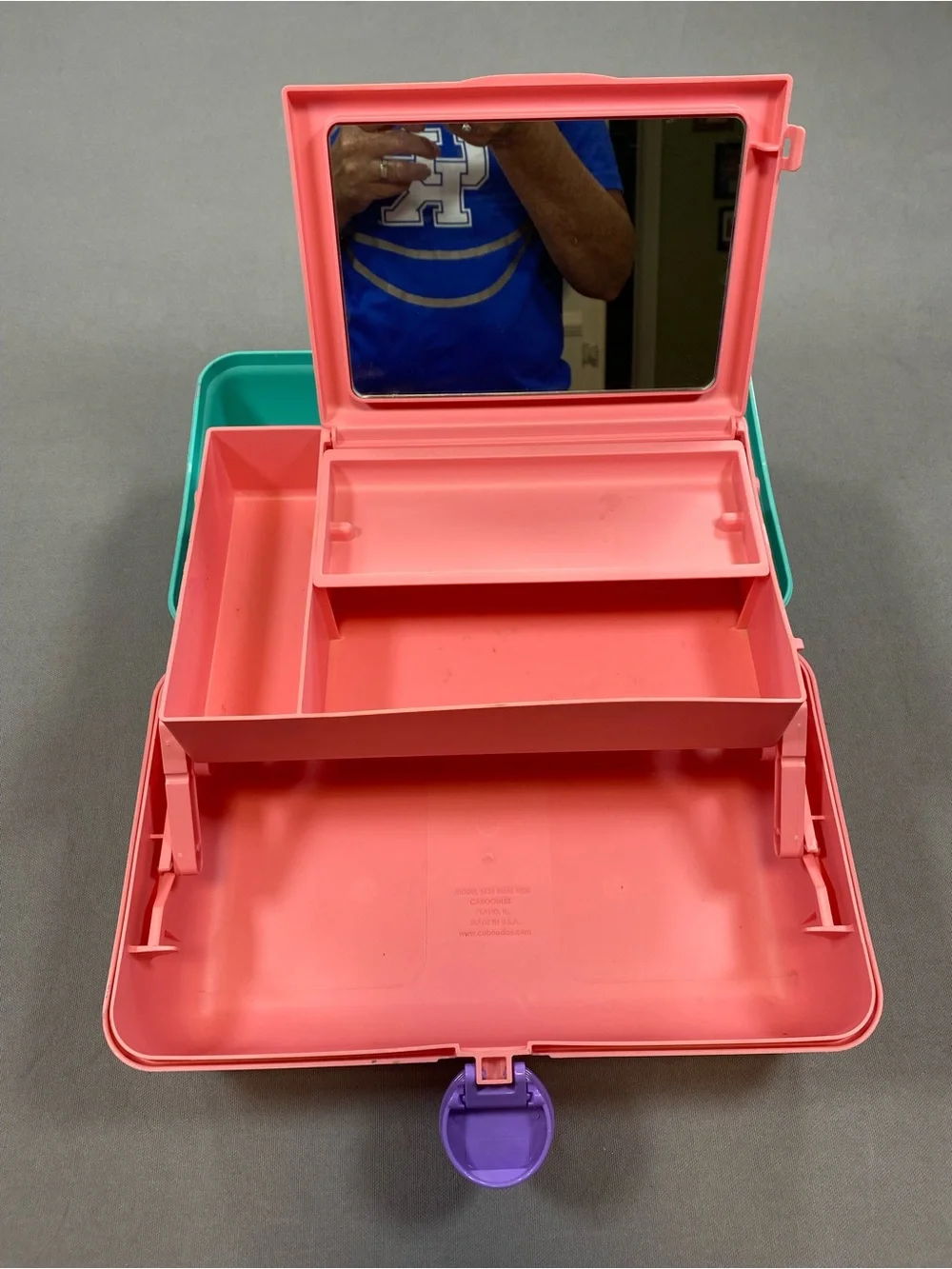 Vintage Caboodles Pink and Teal Makeup Case with Purple handle.
